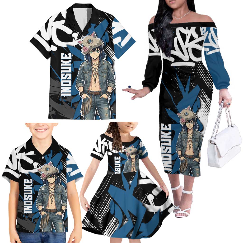 Hashibira Inosuke Demon Slayer Family Matching Off The Shoulder Long Sleeve Dress and Hawaiian Shirt Blue & Black Graffiti Anime