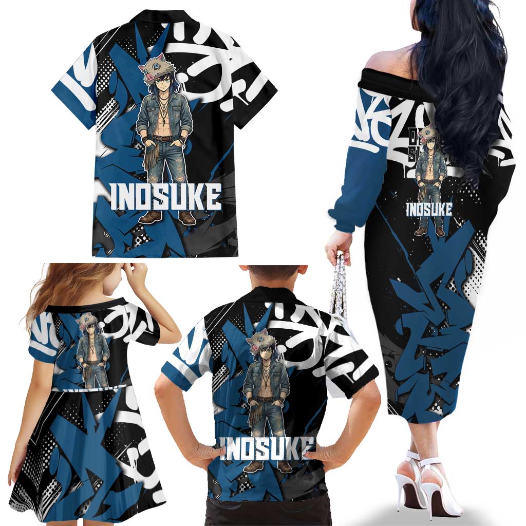 Hashibira Inosuke Demon Slayer Family Matching Off The Shoulder Long Sleeve Dress and Hawaiian Shirt Blue & Black Graffiti Anime