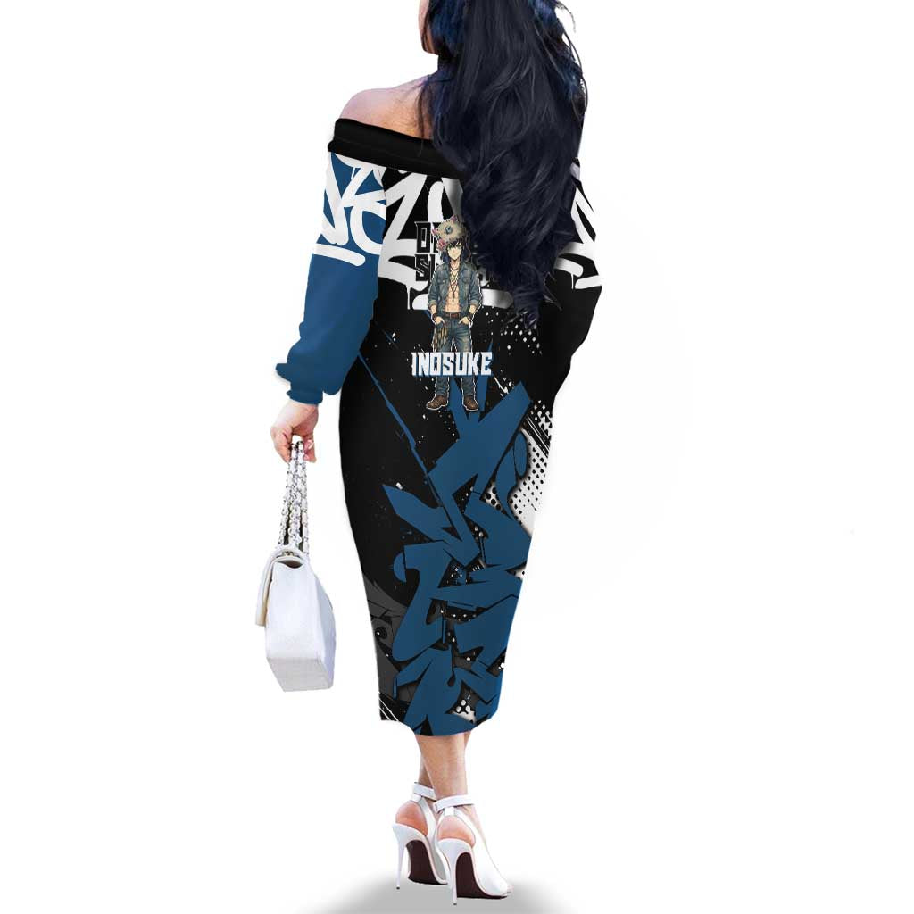 Hashibira Inosuke Demon Slayer Family Matching Off The Shoulder Long Sleeve Dress and Hawaiian Shirt Blue & Black Graffiti Anime