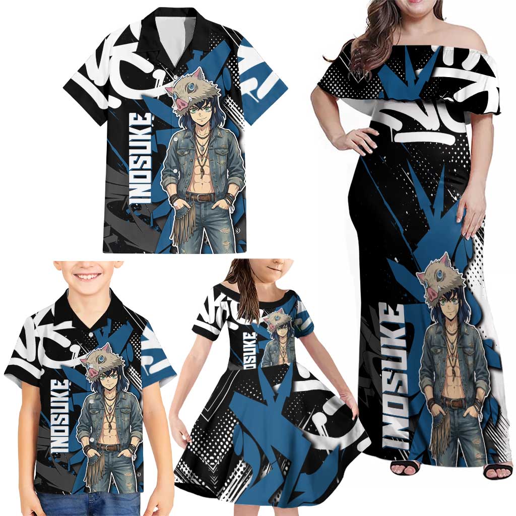 Hashibira Inosuke Demon Slayer Family Matching Off Shoulder Maxi Dress and Hawaiian Shirt Blue & Black Graffiti Anime