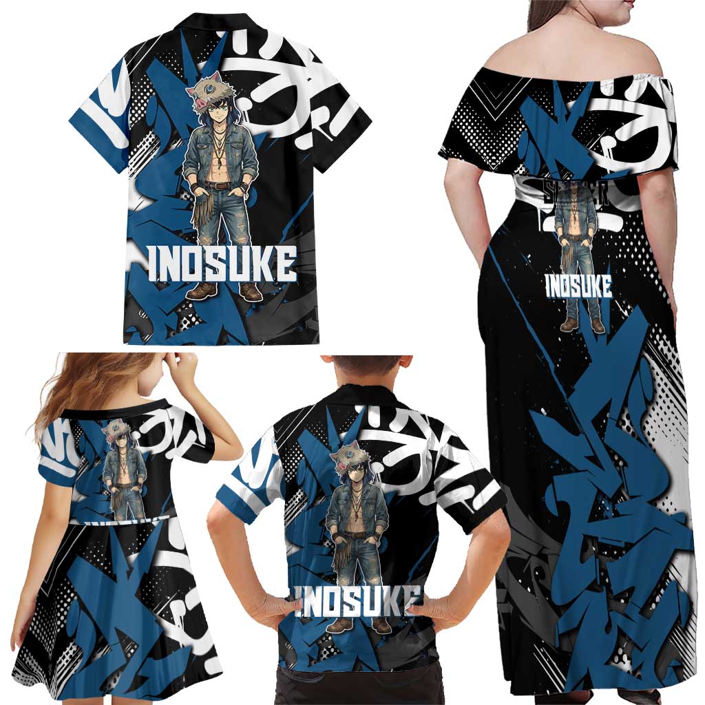 Hashibira Inosuke Demon Slayer Family Matching Off Shoulder Maxi Dress and Hawaiian Shirt Blue & Black Graffiti Anime