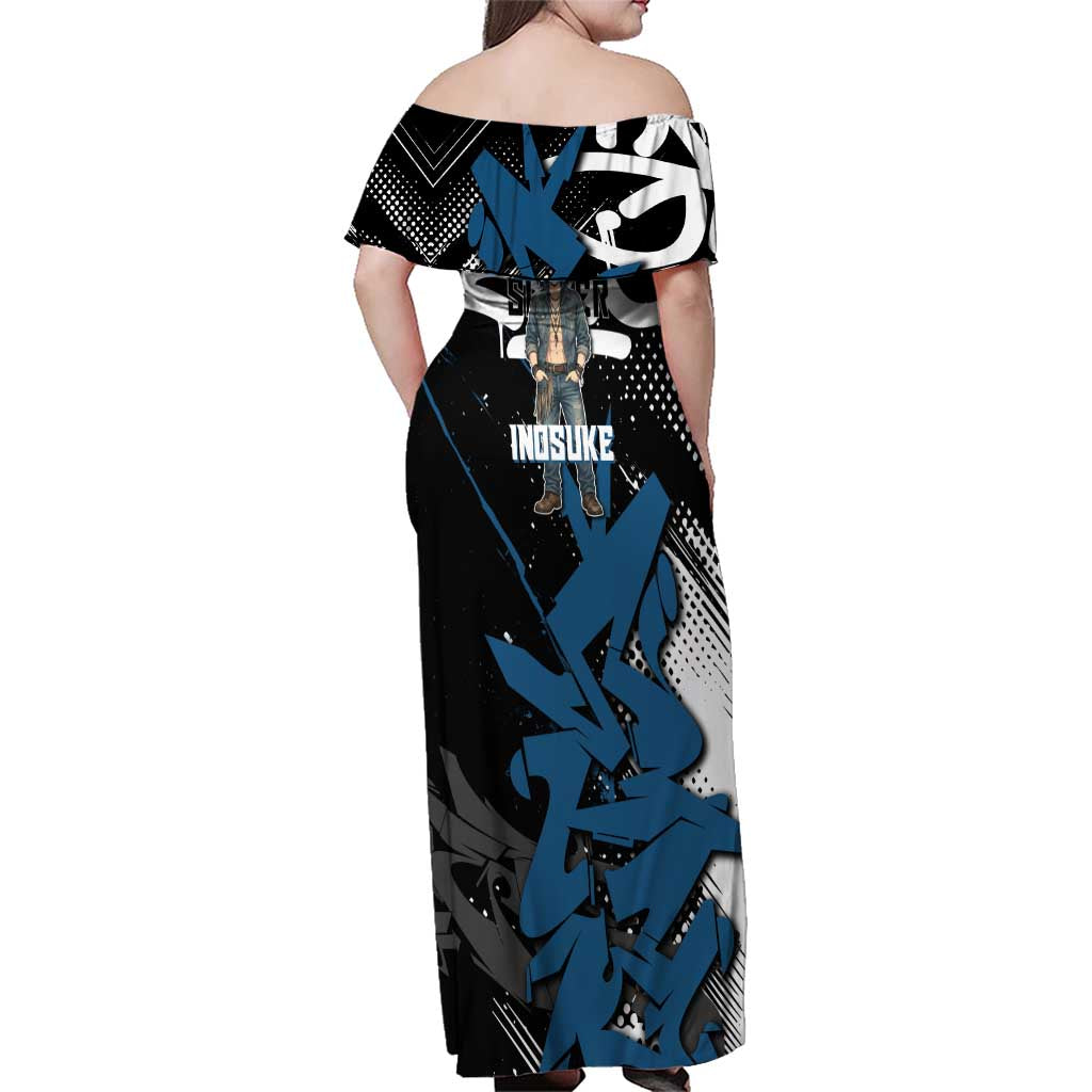 Hashibira Inosuke Demon Slayer Family Matching Off Shoulder Maxi Dress and Hawaiian Shirt Blue & Black Graffiti Anime
