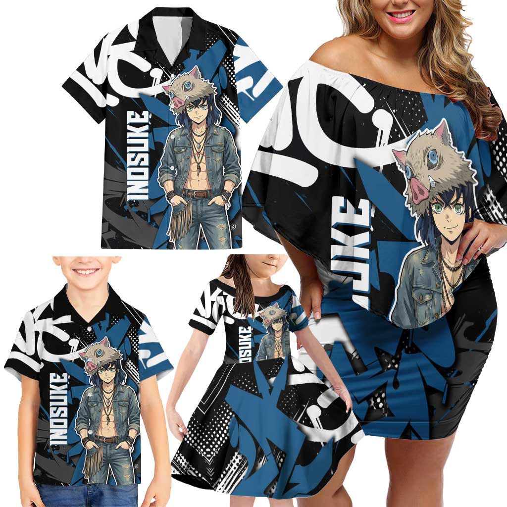 Hashibira Inosuke Demon Slayer Family Matching Off Shoulder Short Dress and Hawaiian Shirt Blue & Black Graffiti Anime