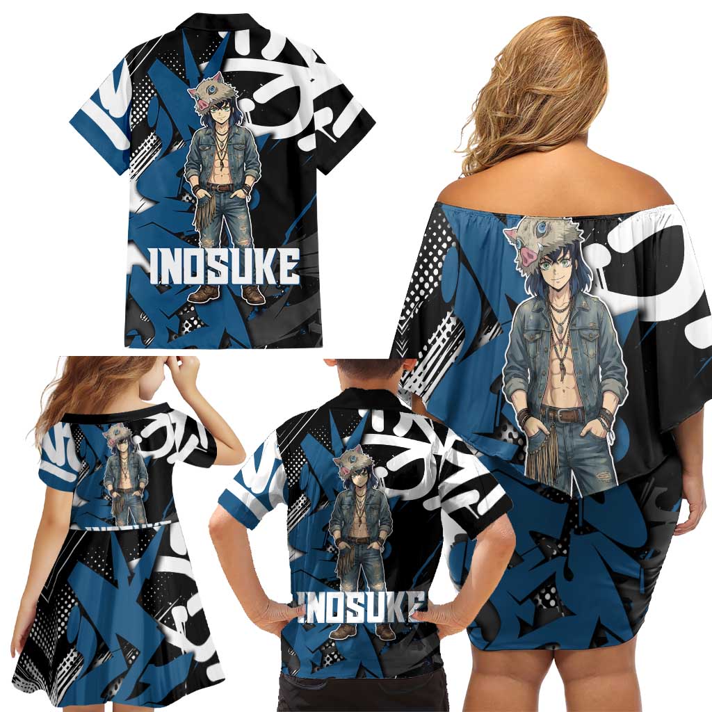 Hashibira Inosuke Demon Slayer Family Matching Off Shoulder Short Dress and Hawaiian Shirt Blue & Black Graffiti Anime