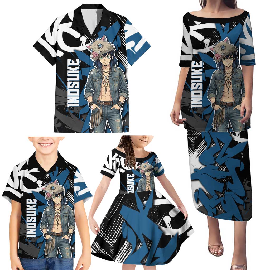 Hashibira Inosuke Demon Slayer Family Matching Puletasi and Hawaiian Shirt Blue & Black Graffiti Anime