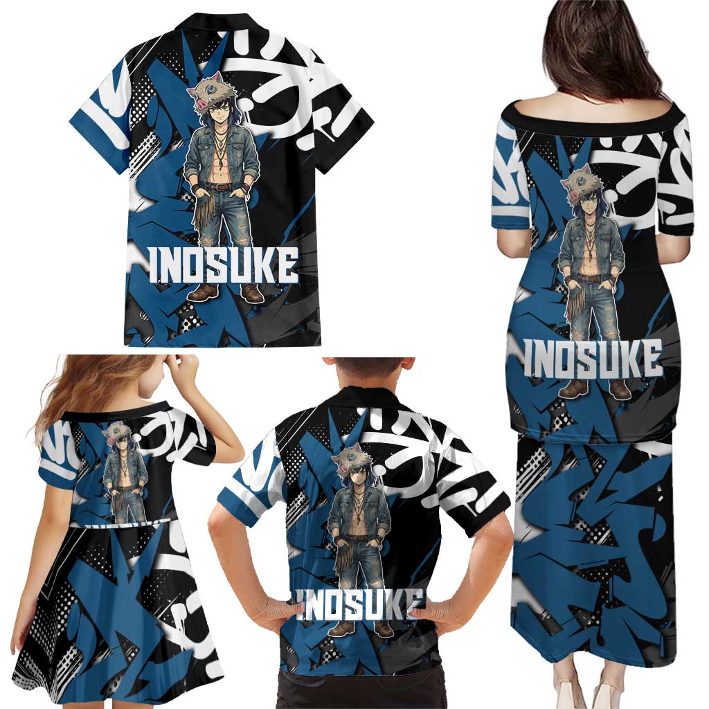 Hashibira Inosuke Demon Slayer Family Matching Puletasi and Hawaiian Shirt Blue & Black Graffiti Anime