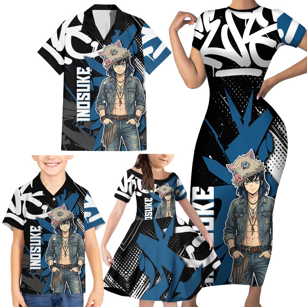 Hashibira Inosuke Demon Slayer Family Matching Short Sleeve Bodycon Dress and Hawaiian Shirt Blue & Black Graffiti Anime