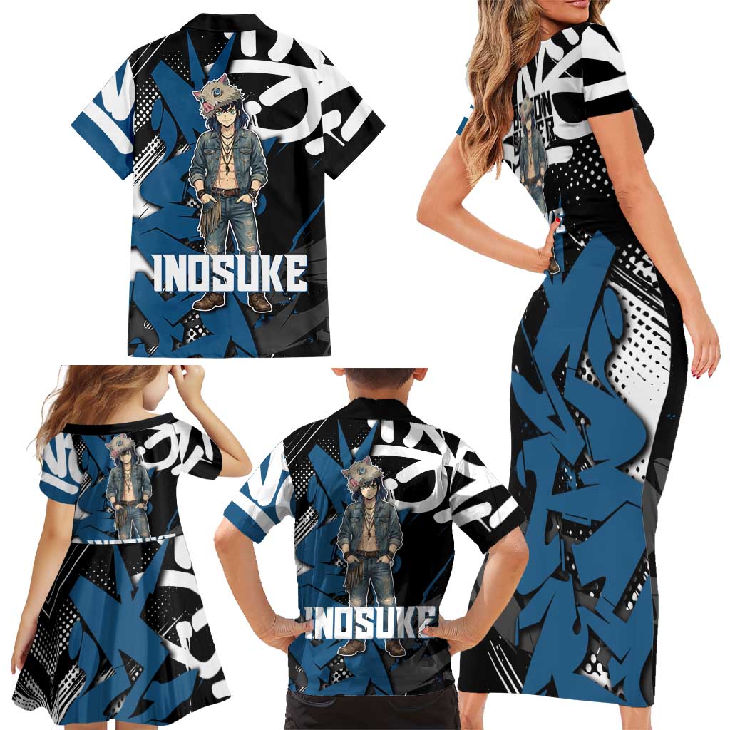 Hashibira Inosuke Demon Slayer Family Matching Short Sleeve Bodycon Dress and Hawaiian Shirt Blue & Black Graffiti Anime