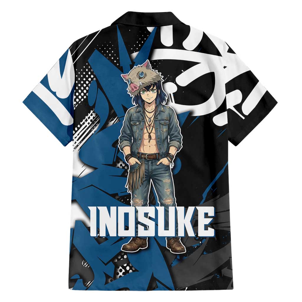 Hashibira Inosuke Demon Slayer Family Matching Short Sleeve Bodycon Dress and Hawaiian Shirt Blue & Black Graffiti Anime