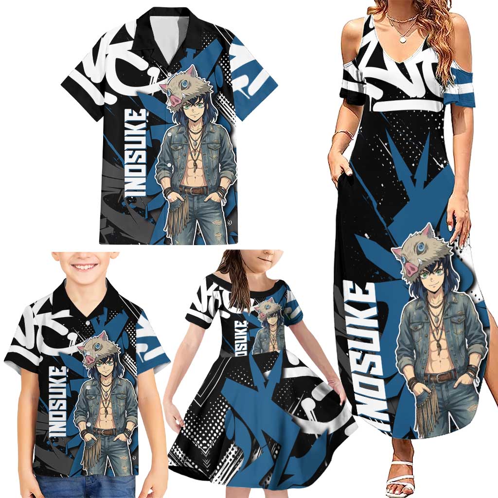 Hashibira Inosuke Demon Slayer Family Matching Summer Maxi Dress and Hawaiian Shirt Blue & Black Graffiti Anime