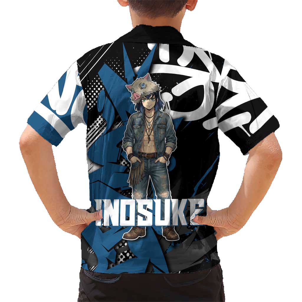 Hashibira Inosuke Demon Slayer Family Matching Summer Maxi Dress and Hawaiian Shirt Blue & Black Graffiti Anime