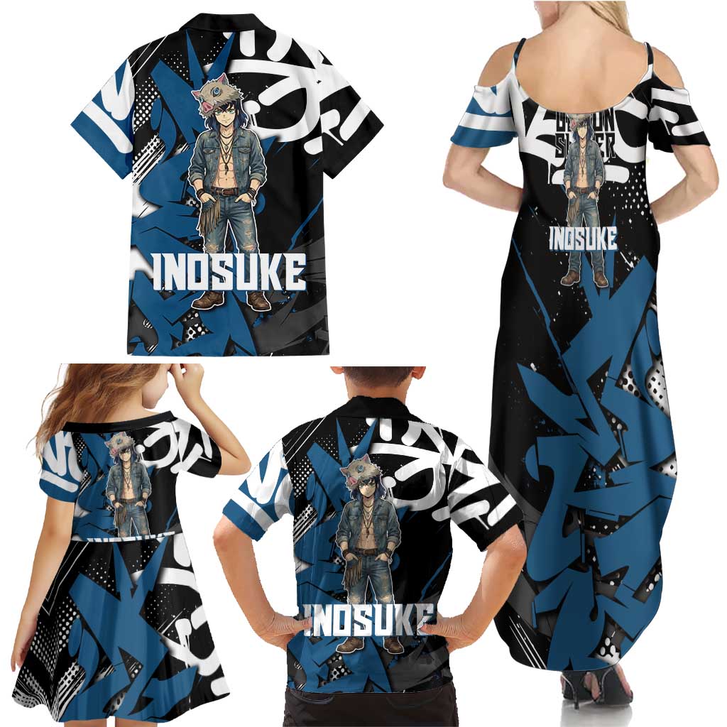 Hashibira Inosuke Demon Slayer Family Matching Summer Maxi Dress and Hawaiian Shirt Blue & Black Graffiti Anime