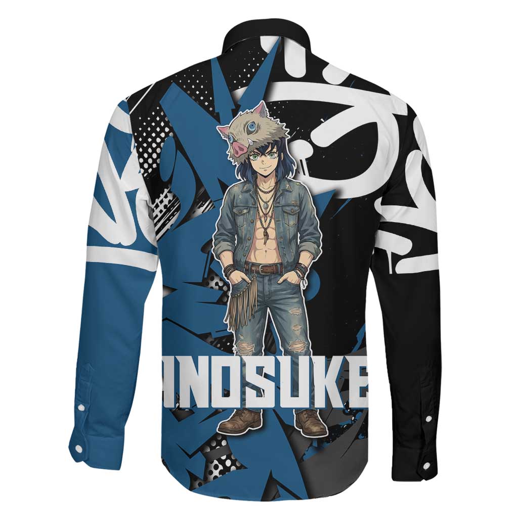 Hashibira Inosuke Demon Slayer Family Matching Summer Maxi Dress and Hawaiian Shirt Blue & Black Graffiti Anime