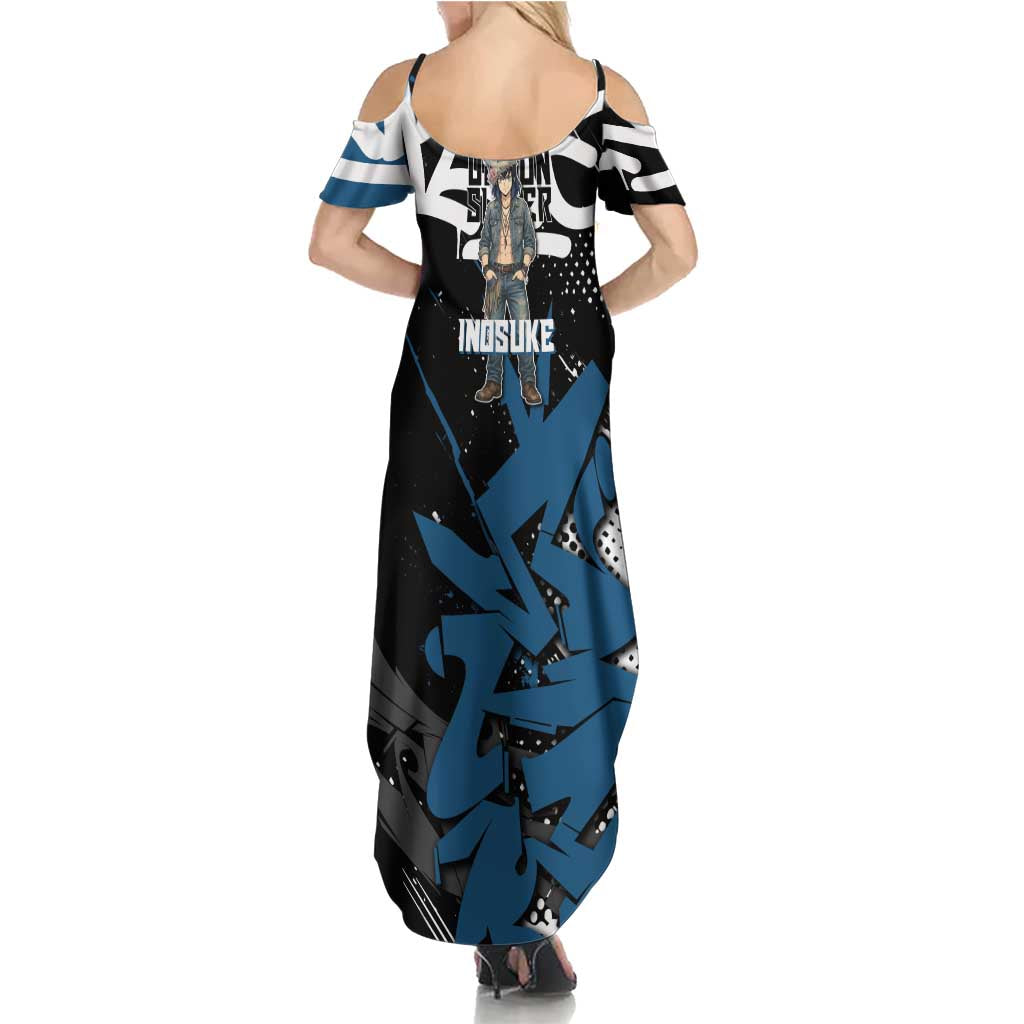 Hashibira Inosuke Demon Slayer Family Matching Summer Maxi Dress and Hawaiian Shirt Blue & Black Graffiti Anime