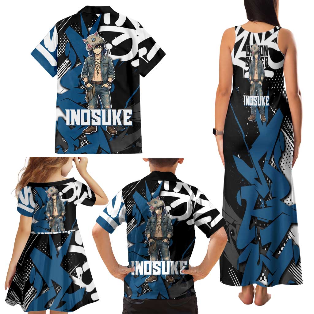 Hashibira Inosuke Demon Slayer Family Matching Tank Maxi Dress and Hawaiian Shirt Blue & Black Graffiti Anime
