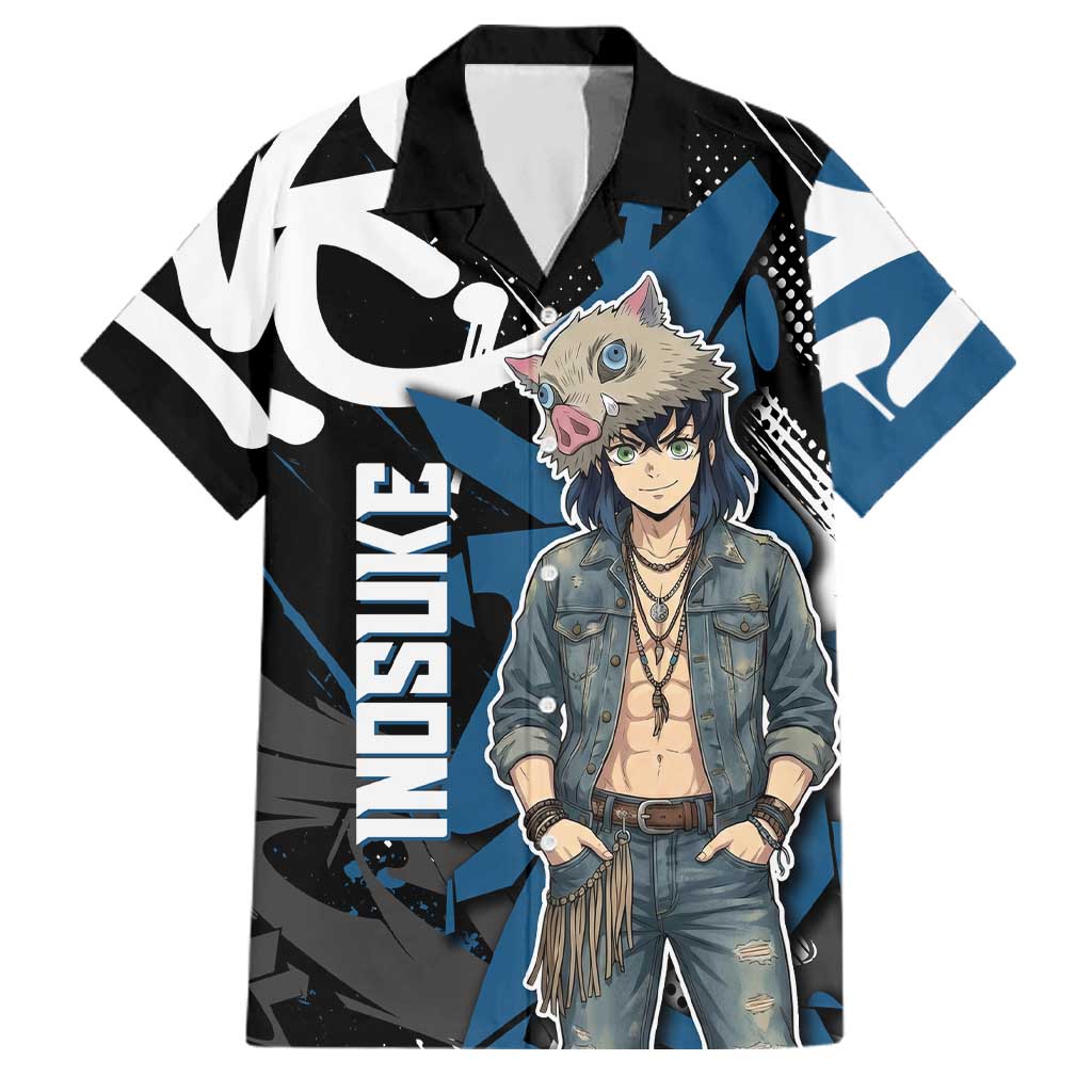 Hashibira Inosuke Demon Slayer Family Matching Tank Maxi Dress and Hawaiian Shirt Blue & Black Graffiti Anime