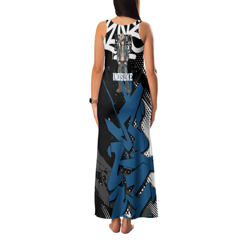 Hashibira Inosuke Demon Slayer Family Matching Tank Maxi Dress and Hawaiian Shirt Blue & Black Graffiti Anime