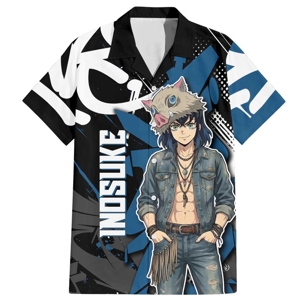Hashibira Inosuke Demon Slayer Hawaiian Shirt Blue & Black Graffiti Anime
