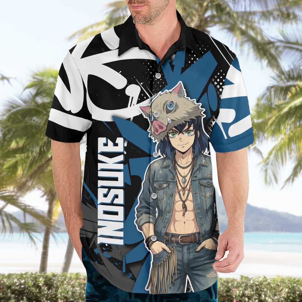 Hashibira Inosuke Demon Slayer Hawaiian Shirt Blue & Black Graffiti Anime