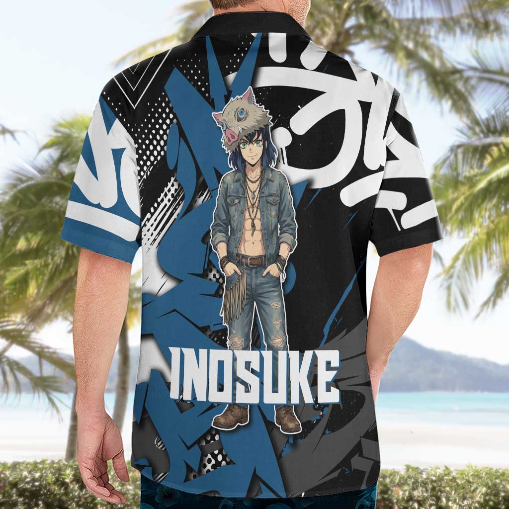 Hashibira Inosuke Demon Slayer Hawaiian Shirt Blue & Black Graffiti Anime