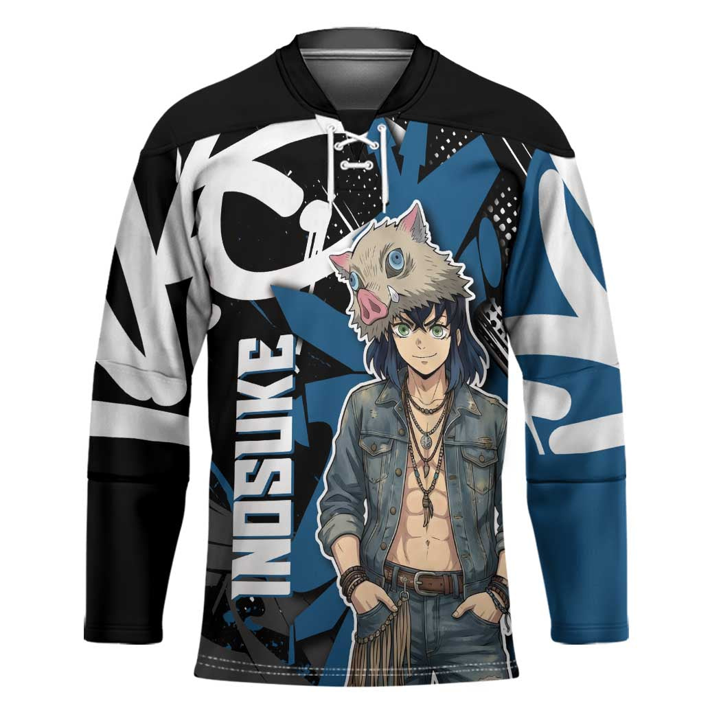 Hashibira Inosuke Demon Slayer Hockey Jersey Blue & Black Graffiti Anime