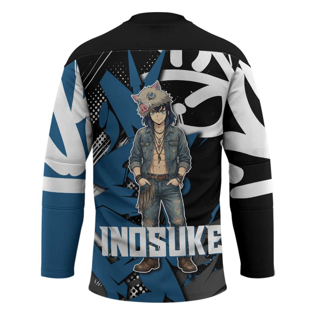 Hashibira Inosuke Demon Slayer Hockey Jersey Blue & Black Graffiti Anime