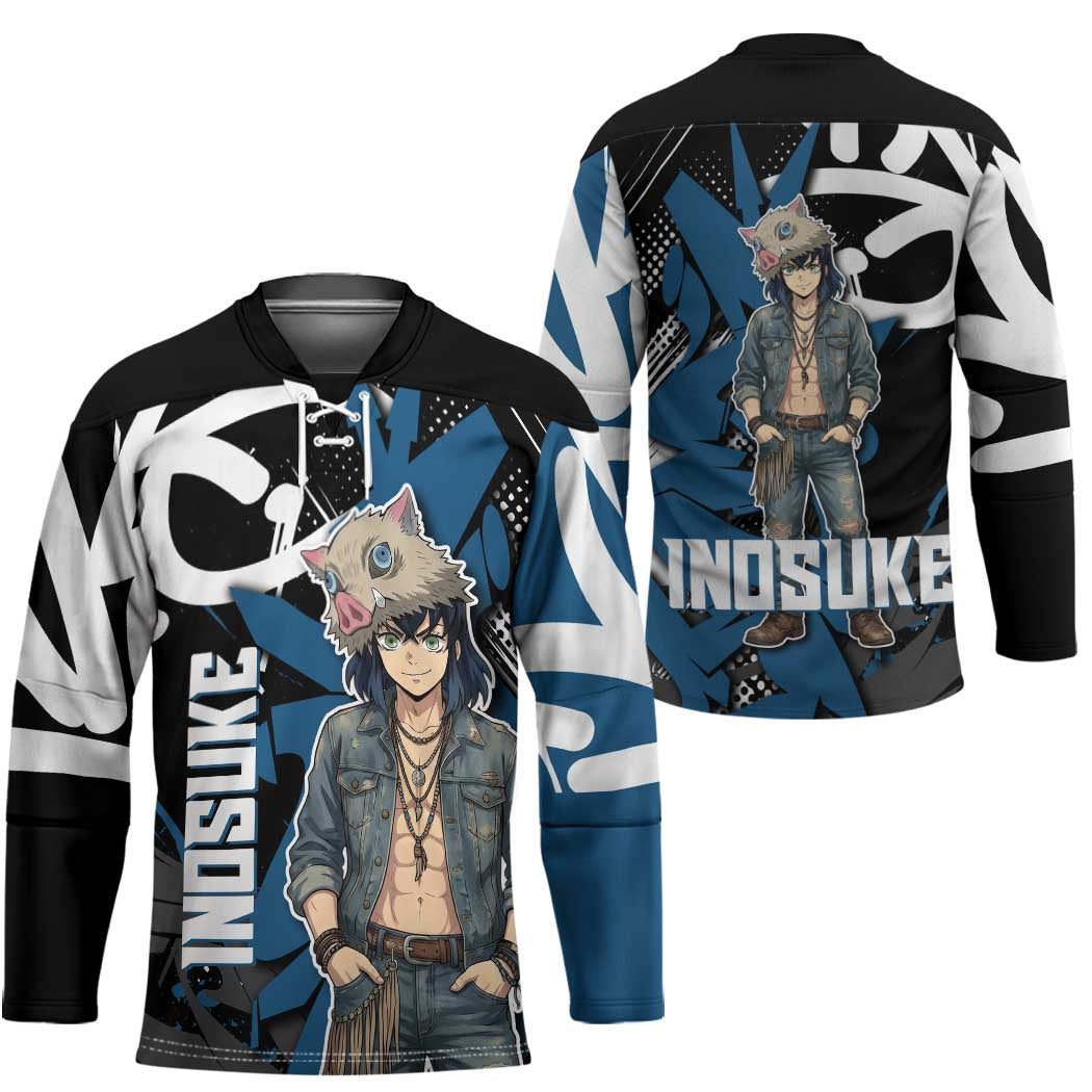 Hashibira Inosuke Demon Slayer Hockey Jersey Blue & Black Graffiti Anime