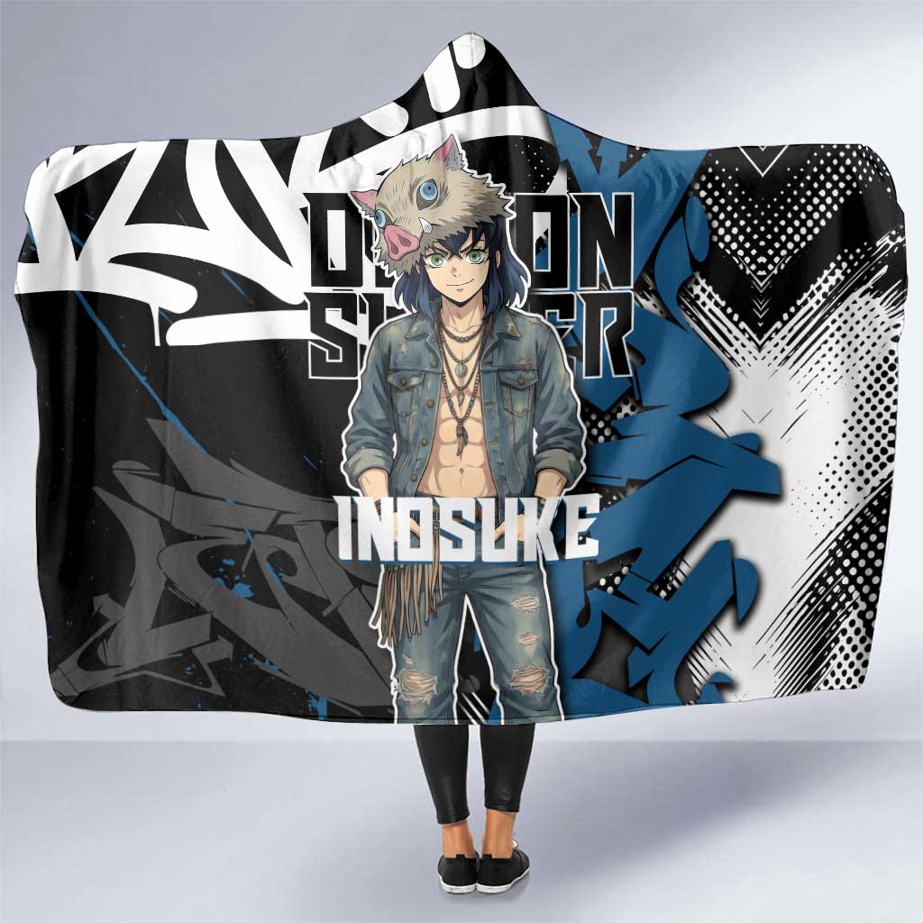 Hashibira Inosuke Demon Slayer Hooded Blanket Blue & Black Graffiti Anime