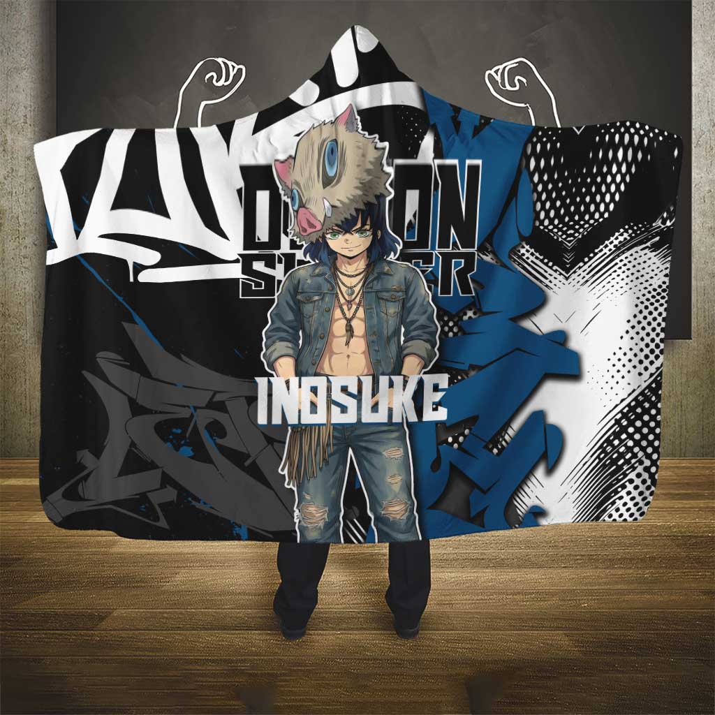 Hashibira Inosuke Demon Slayer Hooded Blanket Blue & Black Graffiti Anime
