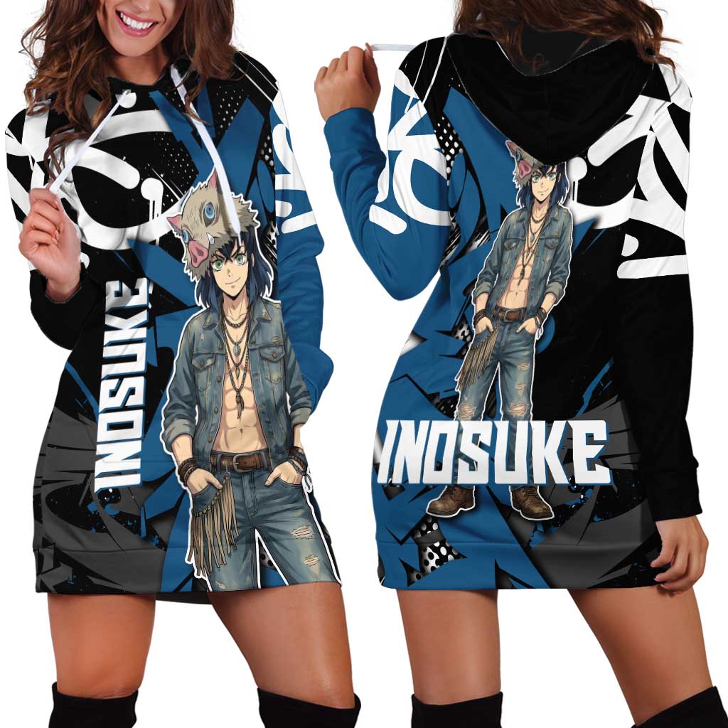 Hashibira Inosuke Demon Slayer Hoodie Dress Blue & Black Graffiti Anime