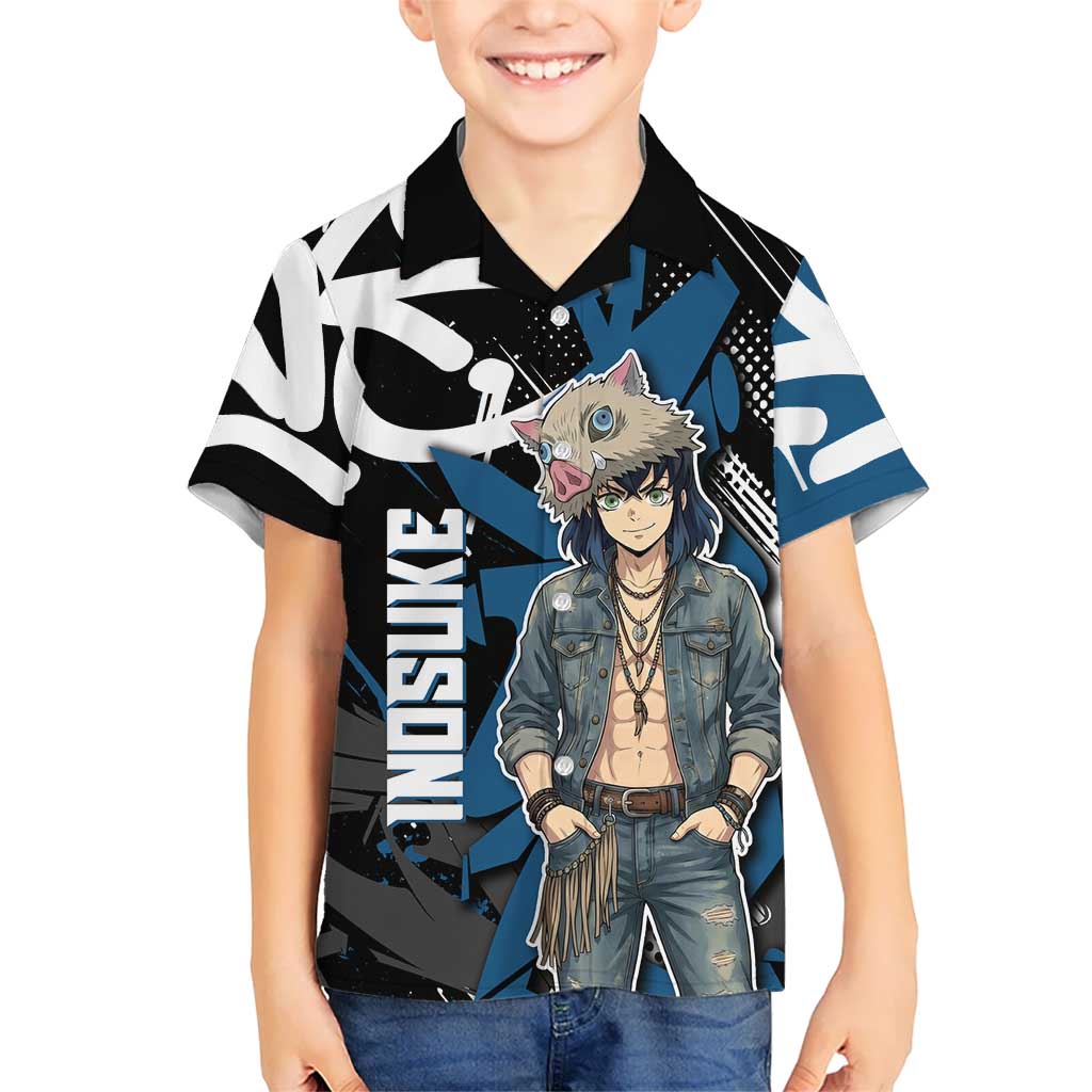 Hashibira Inosuke Demon Slayer Kid Hawaiian Shirt Blue & Black Graffiti Anime