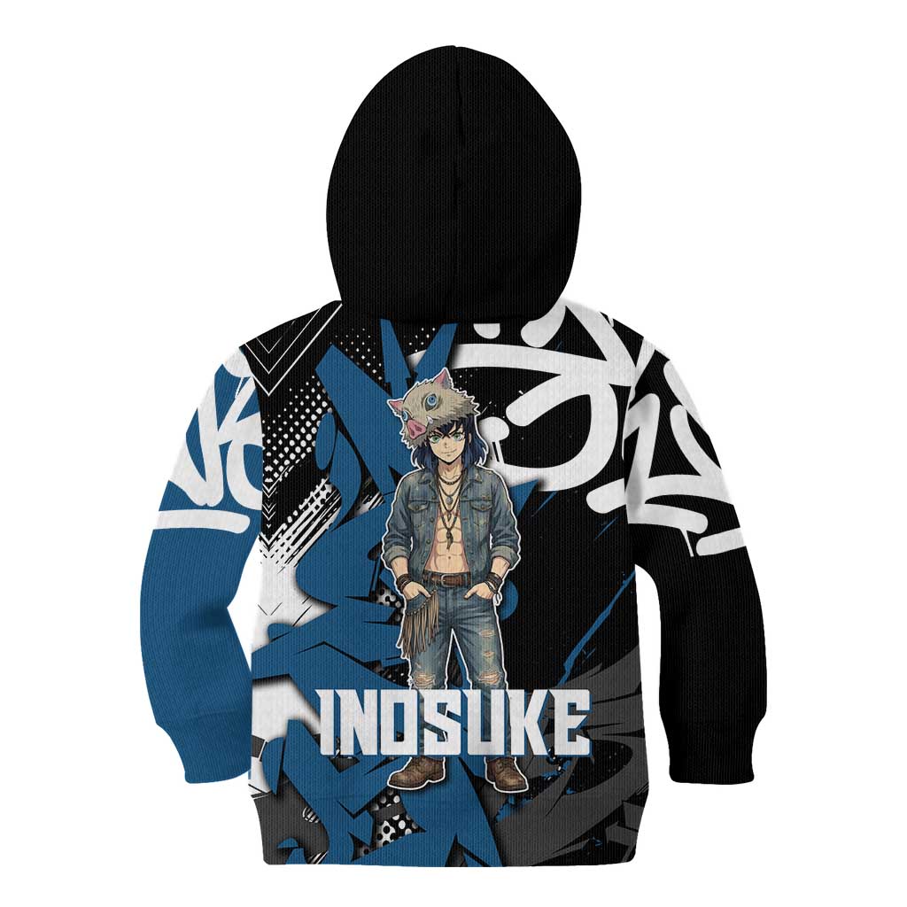 Hashibira Inosuke Demon Slayer Kid Hoodie Blue & Black Graffiti Anime