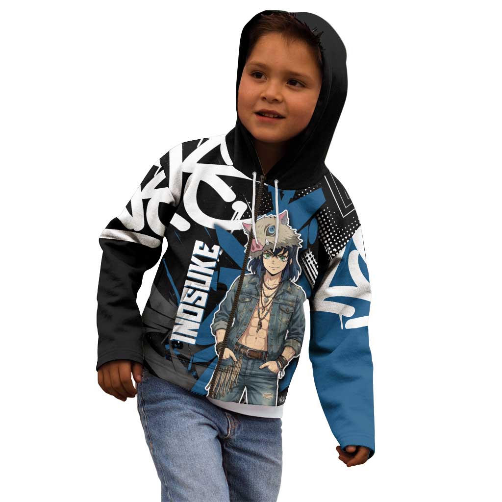 Hashibira Inosuke Demon Slayer Kid Hoodie Blue & Black Graffiti Anime