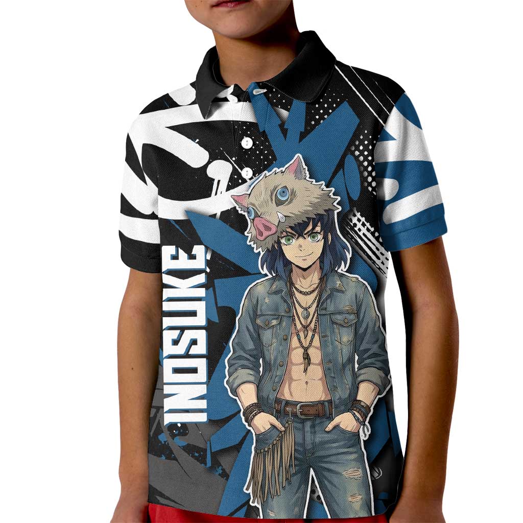 Hashibira Inosuke Demon Slayer Kid Polo Shirt Blue & Black Graffiti Anime