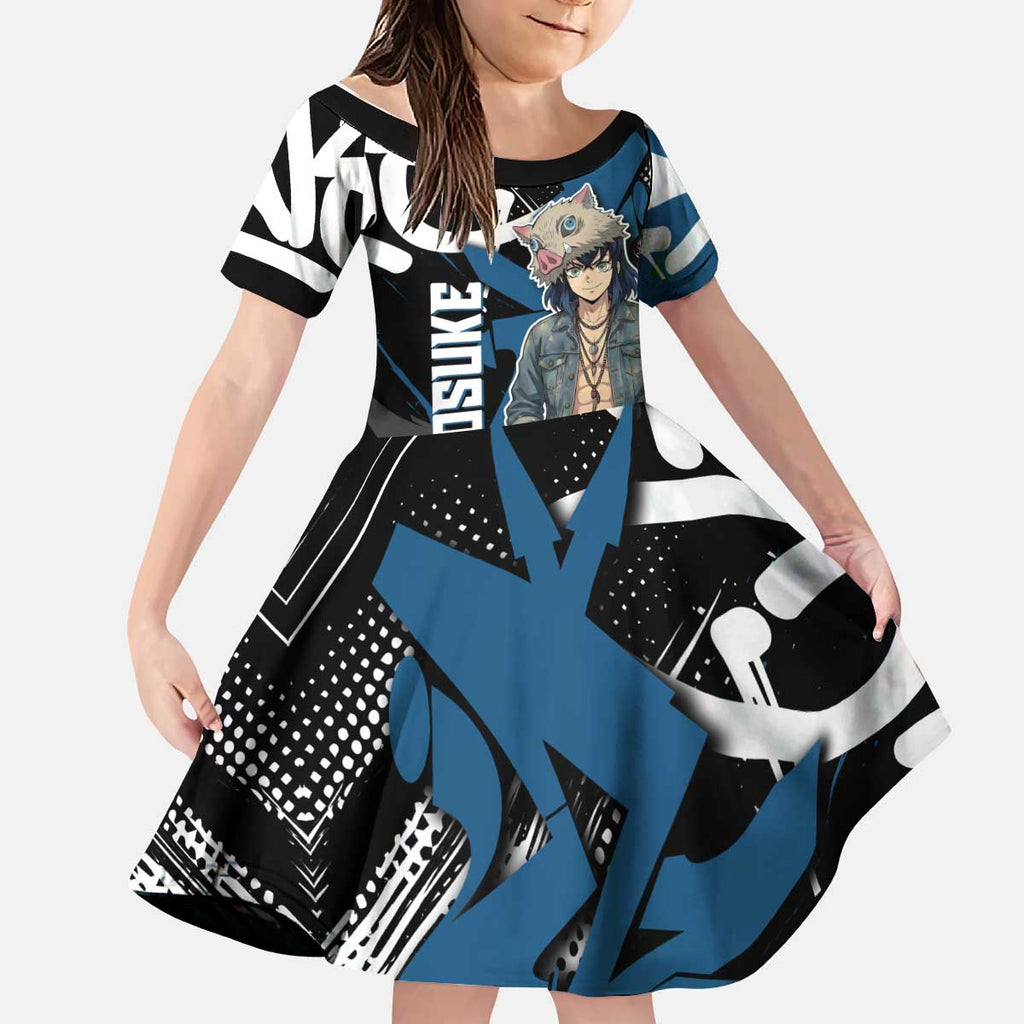 Hashibira Inosuke Demon Slayer Kid Short Sleeve Dress Blue & Black Graffiti Anime