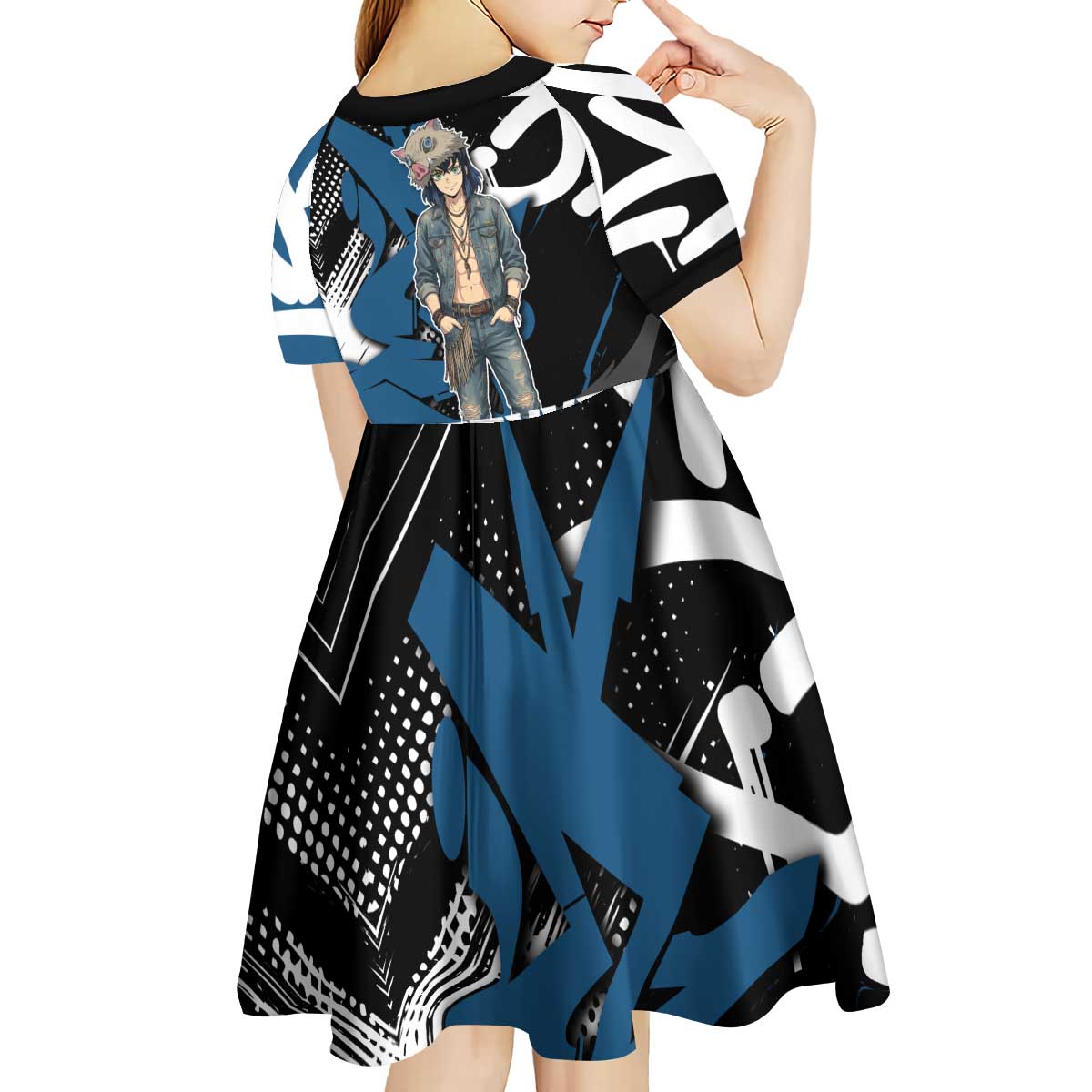 Hashibira Inosuke Demon Slayer Kid Short Sleeve Dress Blue & Black Graffiti Anime