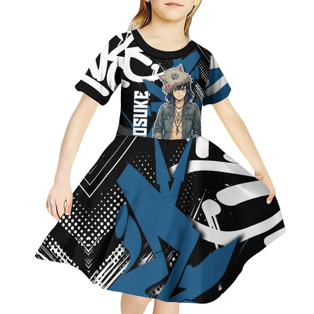 Hashibira Inosuke Demon Slayer Kid Short Sleeve Dress Blue & Black Graffiti Anime