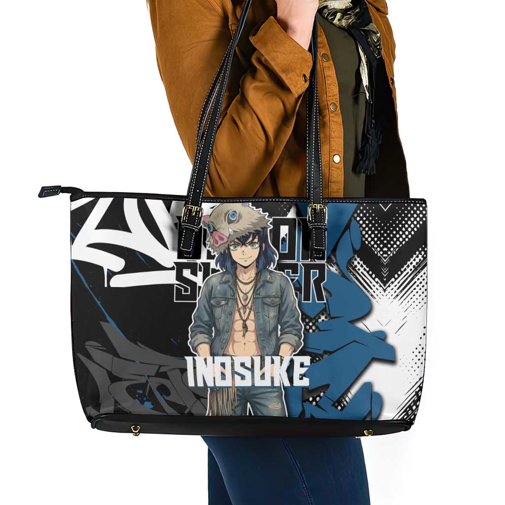 Hashibira Inosuke Demon Slayer Leather Tote Bag Blue & Black Graffiti Anime