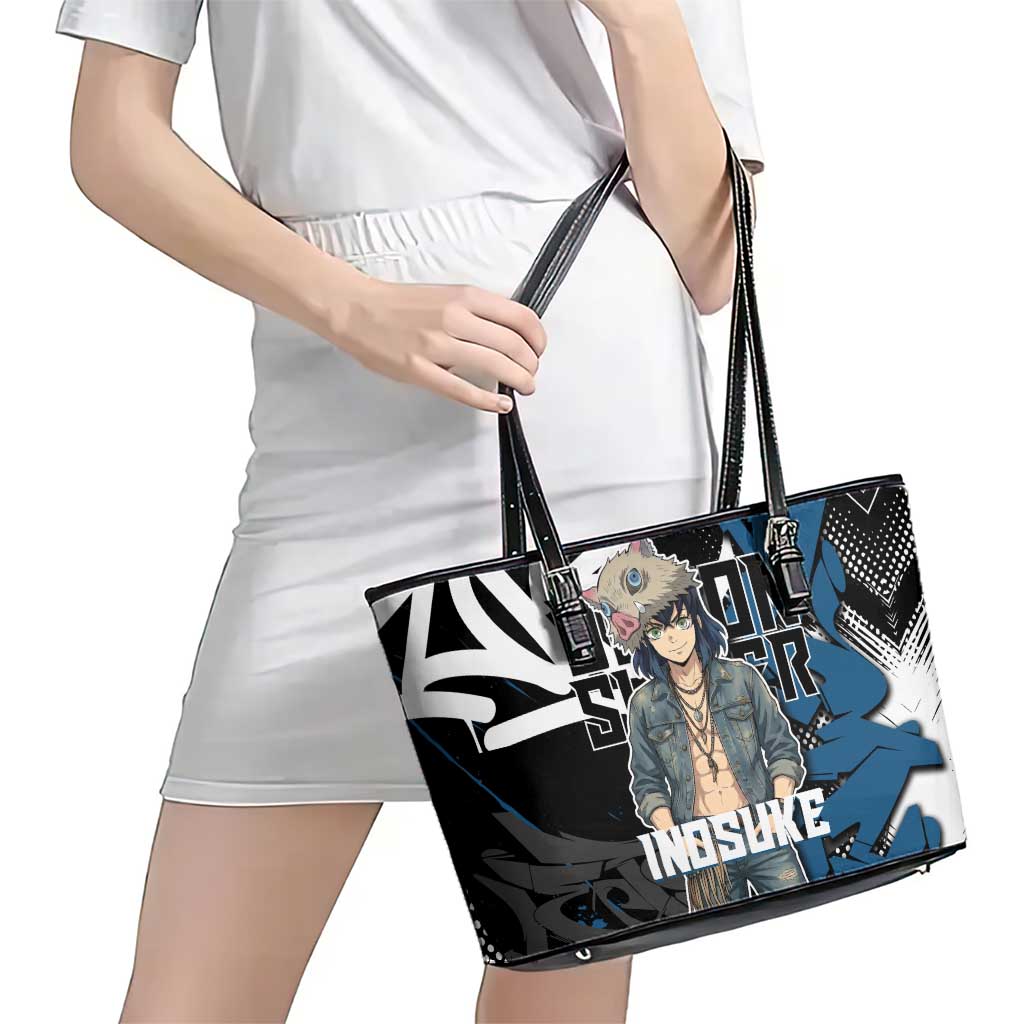 Hashibira Inosuke Demon Slayer Leather Tote Bag Blue & Black Graffiti Anime