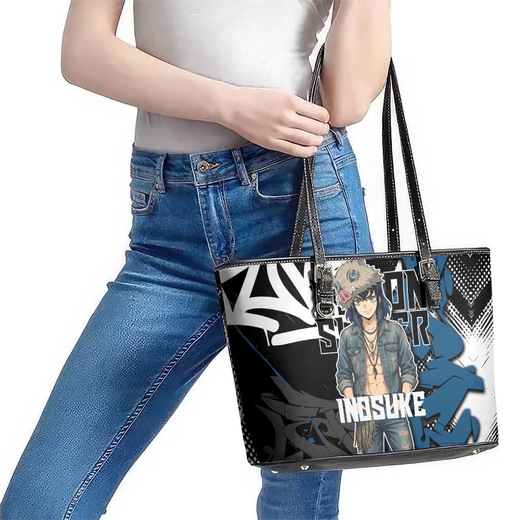 Hashibira Inosuke Demon Slayer Leather Tote Bag Blue & Black Graffiti Anime
