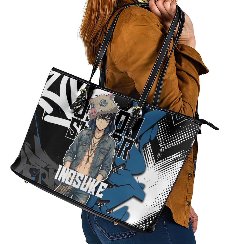 Hashibira Inosuke Demon Slayer Leather Tote Bag Blue & Black Graffiti Anime