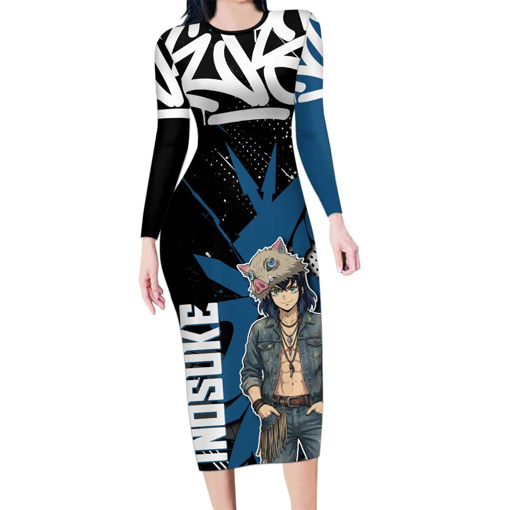Hashibira Inosuke Demon Slayer Long Sleeve Bodycon Dress Blue & Black Graffiti Anime