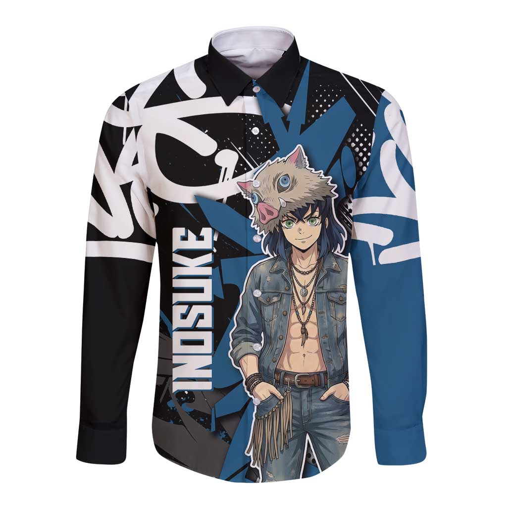 Hashibira Inosuke Demon Slayer Long Sleeve Button Shirt Blue & Black Graffiti Anime