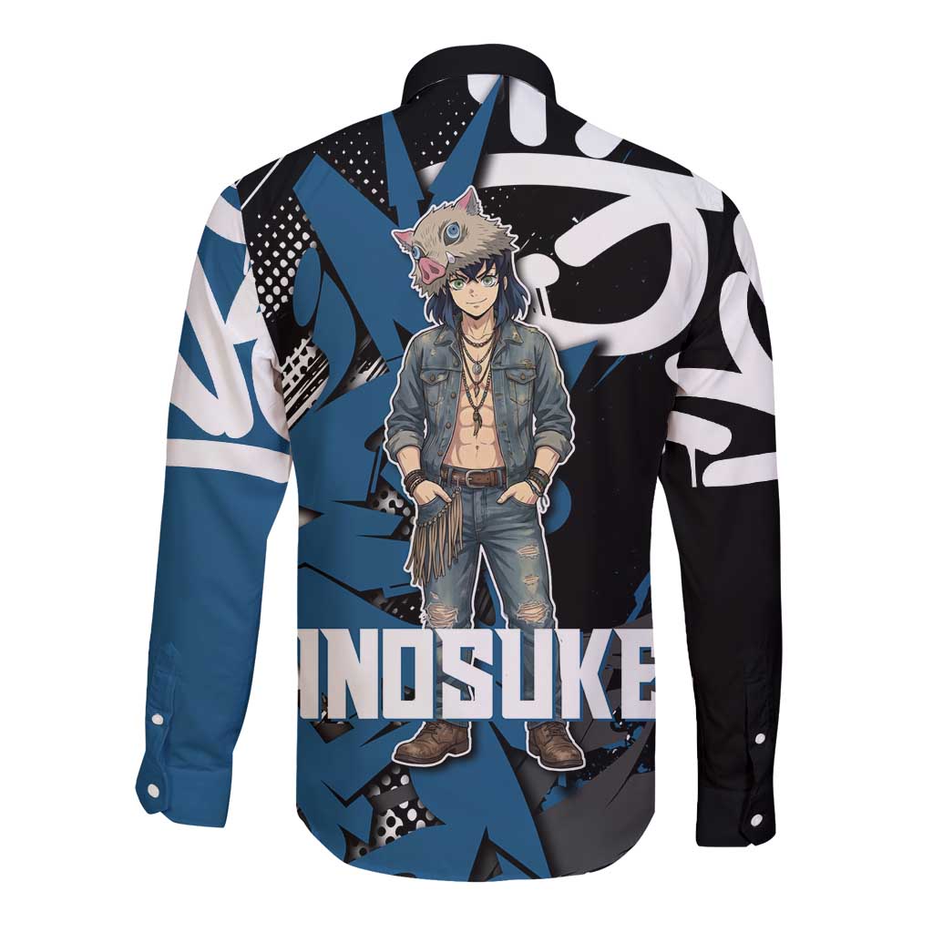 Hashibira Inosuke Demon Slayer Long Sleeve Button Shirt Blue & Black Graffiti Anime