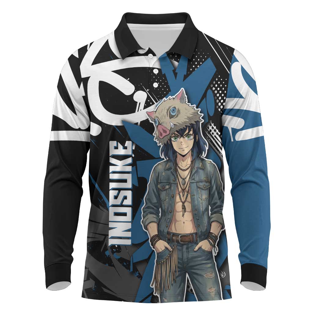 Hashibira Inosuke Demon Slayer Long Sleeve Polo Shirt Blue & Black Graffiti Anime