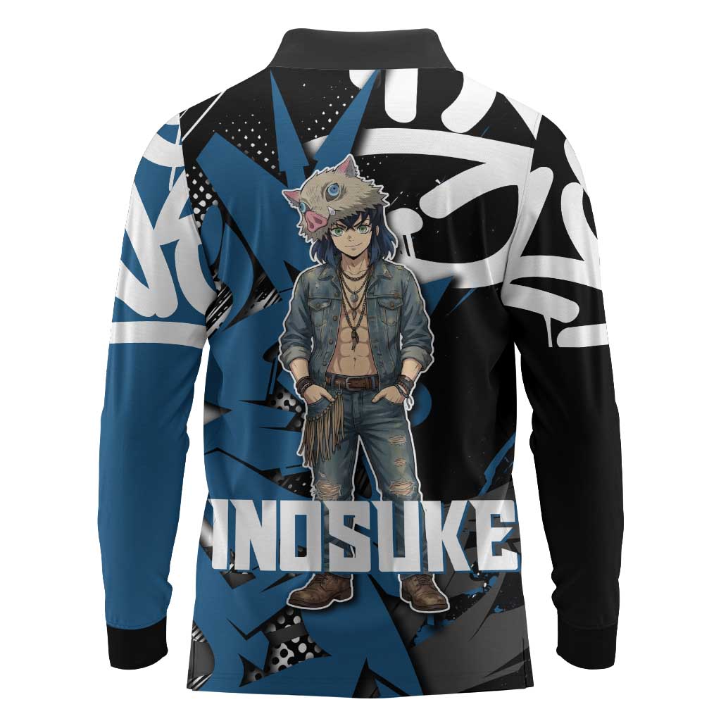 Hashibira Inosuke Demon Slayer Long Sleeve Polo Shirt Blue & Black Graffiti Anime