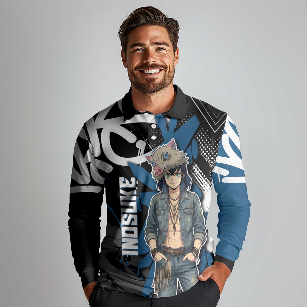 Hashibira Inosuke Demon Slayer Long Sleeve Polo Shirt Blue & Black Graffiti Anime
