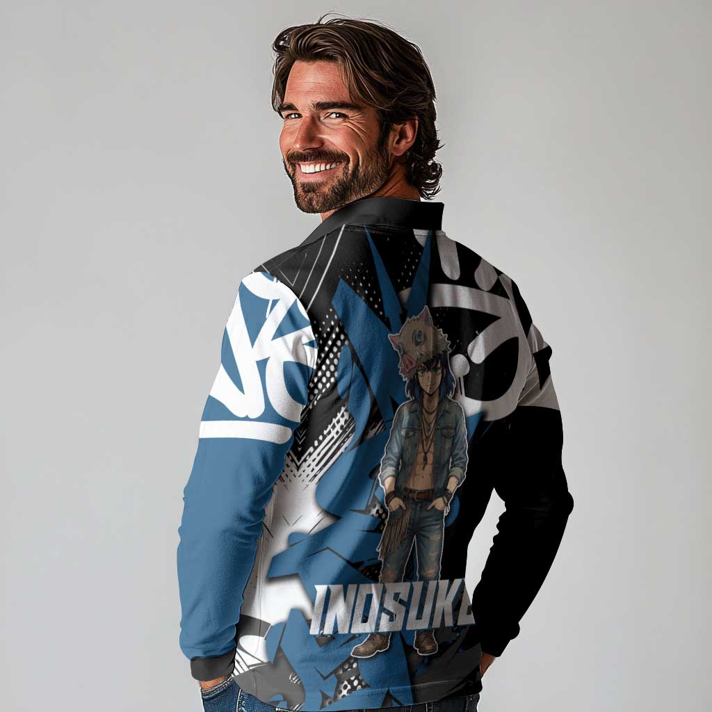 Hashibira Inosuke Demon Slayer Long Sleeve Polo Shirt Blue & Black Graffiti Anime