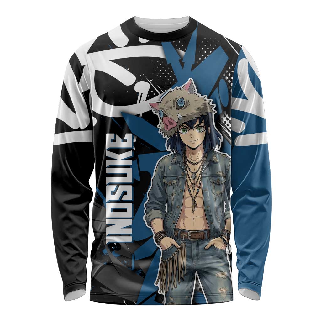 Hashibira Inosuke Demon Slayer Long Sleeve Shirt Blue & Black Graffiti Anime