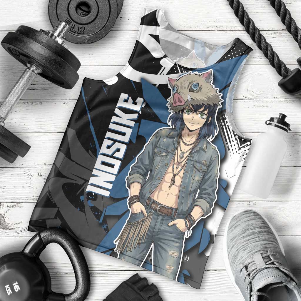 Hashibira Inosuke Demon Slayer Men Tank Top Blue & Black Graffiti Anime